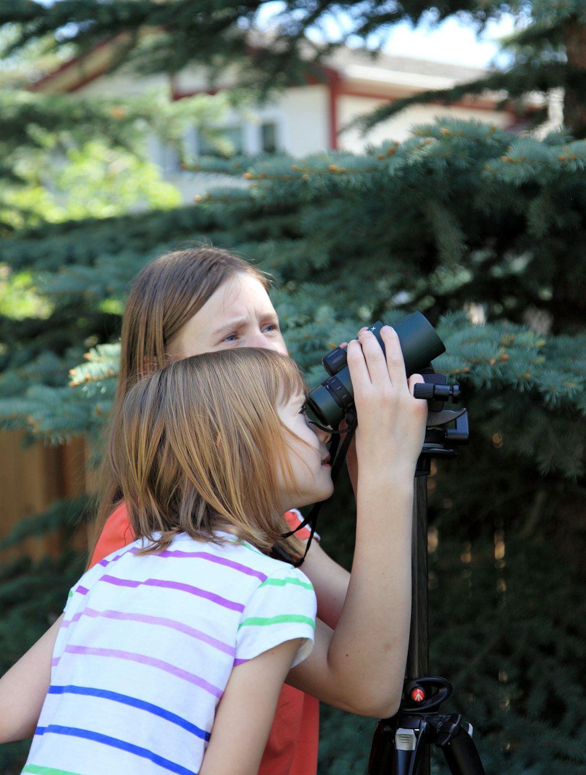 Two young birdwatchers sharing binoculars on a tripod