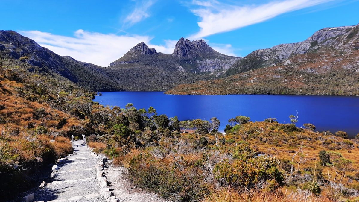 The stone track down to Dove Lake beneath Cradle Mountain