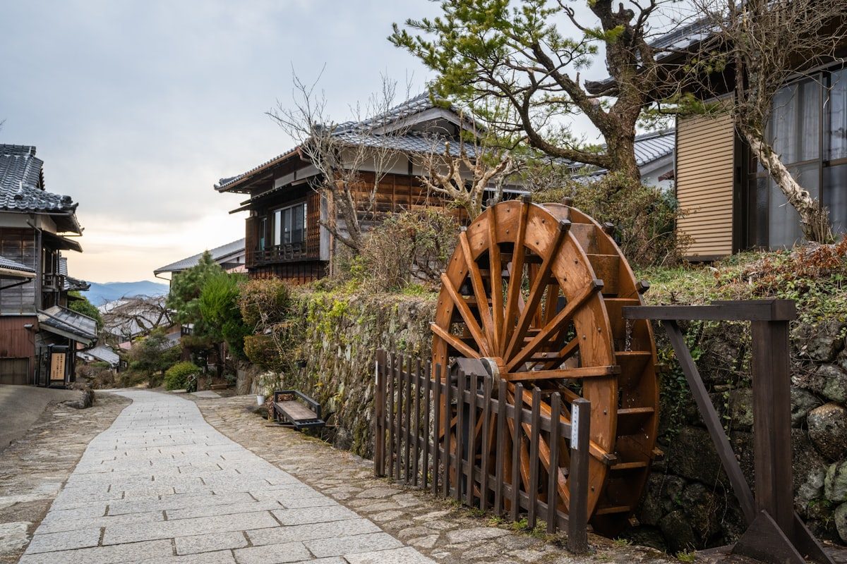 The old water wheel on the stone street of Magome